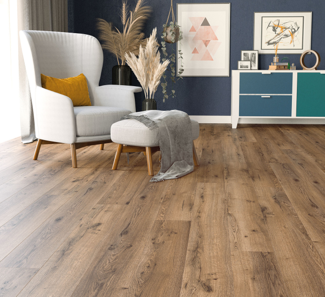 Komplett-Set FLOOR24 Laminat Landhausdiele Eiche braun 8 mm